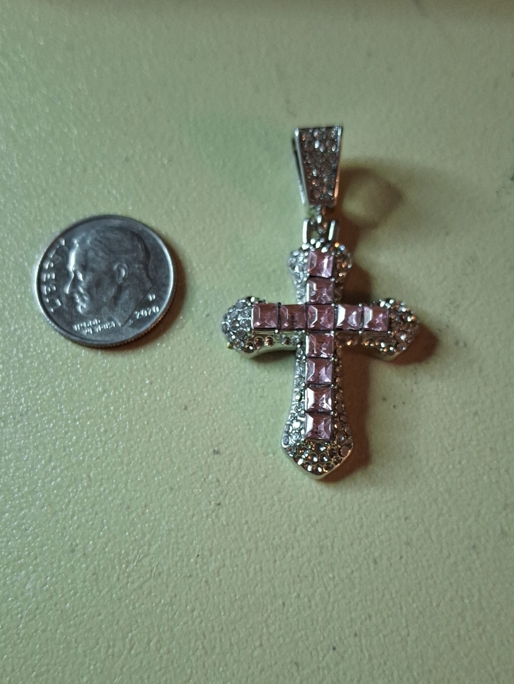 Silver Tone Rhinestone Clear & Pink  Cross New